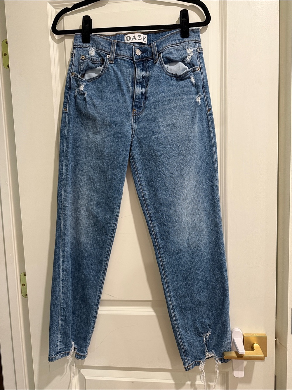 Daze Straight Up High Rise Straight Leg Distressed Hem Jeans